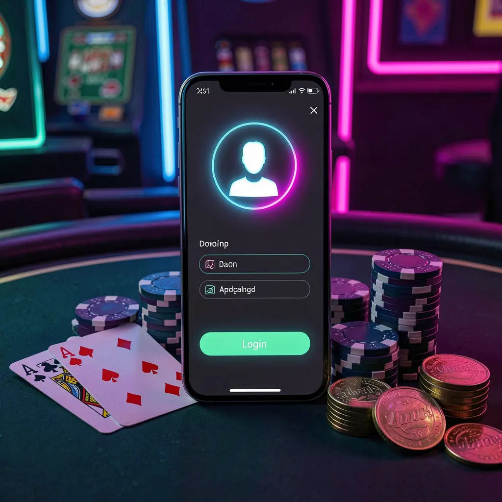 DBT6 casino app login screen on smartphone with glowing user profile icon, surrounded by chips, cards, and coins against an elegant dark background with neon highlights