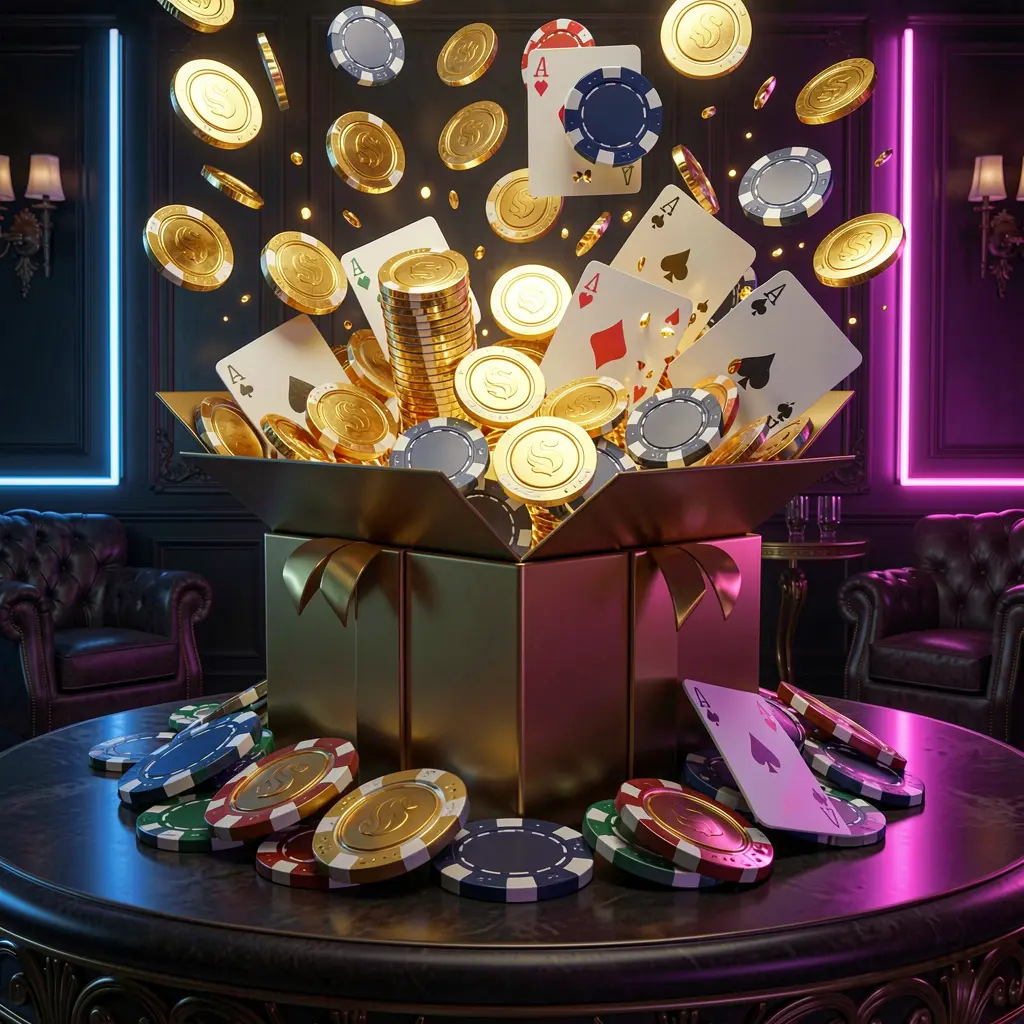 DBT6 online casino bonus gift box exploding with golden coins, poker chips, and playing cards against a dark luxury background with glowing neon accents