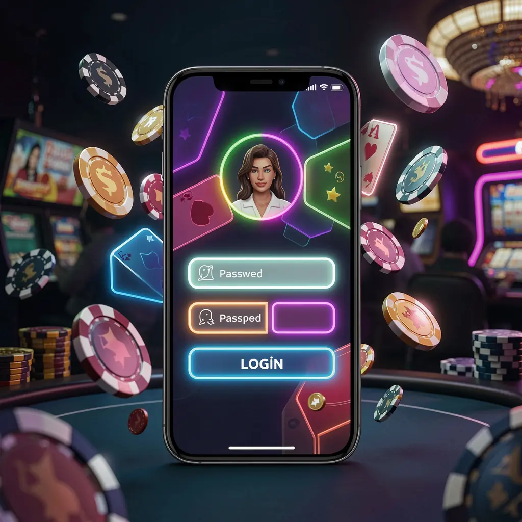 DBT6 mobile casino login screen showing abstract user profile and password fields on a glowing neon phone with chips and coins flying around in a dark premium casino atmosphere