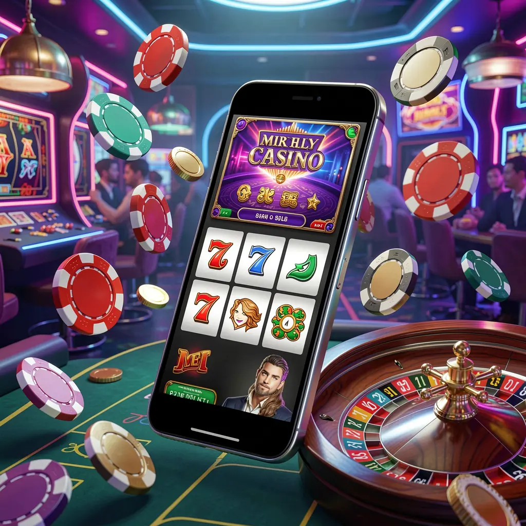 DBT6 casino entertainment homepage concept featuring a modern mobile phone surrounded by slot symbols, roulette wheel, chips, and coins floating against a neon casino background in a premium 3D render